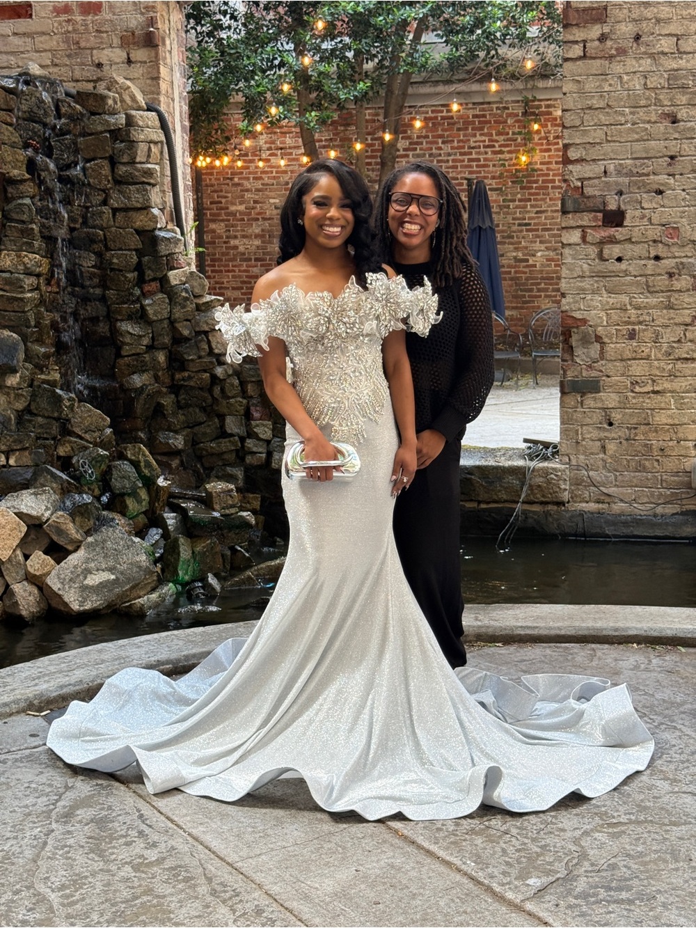 Off-Shoulder Silver Sequin Prom Gown with Floral Appliqué